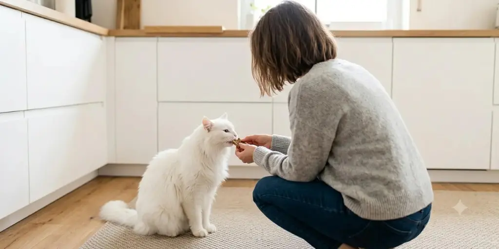 Weiße Langhaarkatze erhält in der Küche von ihrem Frauchen ein Leckerli
