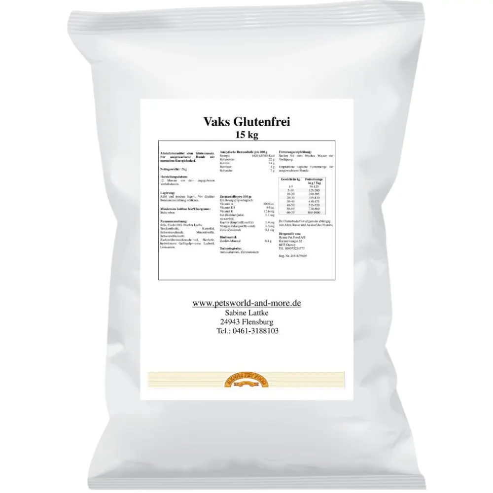 Vaks Glutenfrei Hundefutter in weißer Verpackung