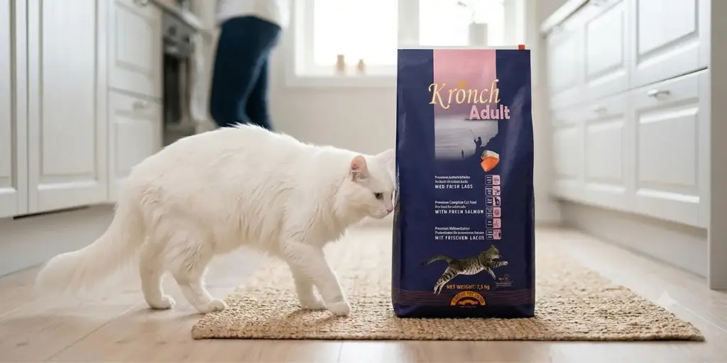 Weiße Langhaarkatze schleicht um den Futtersack Kronch Adult herum
