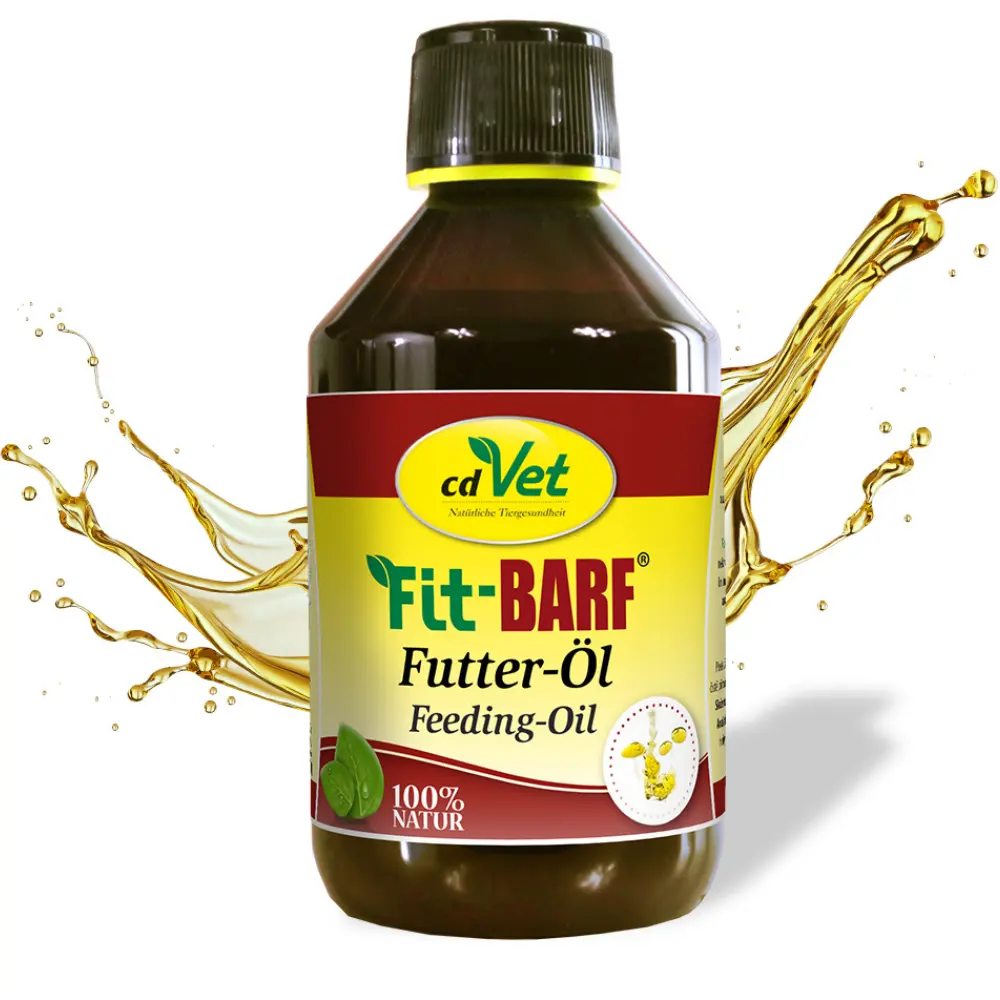 Fit-BARF Futter-Öl für Hunde und Katzen mit Öl hinter Flasche