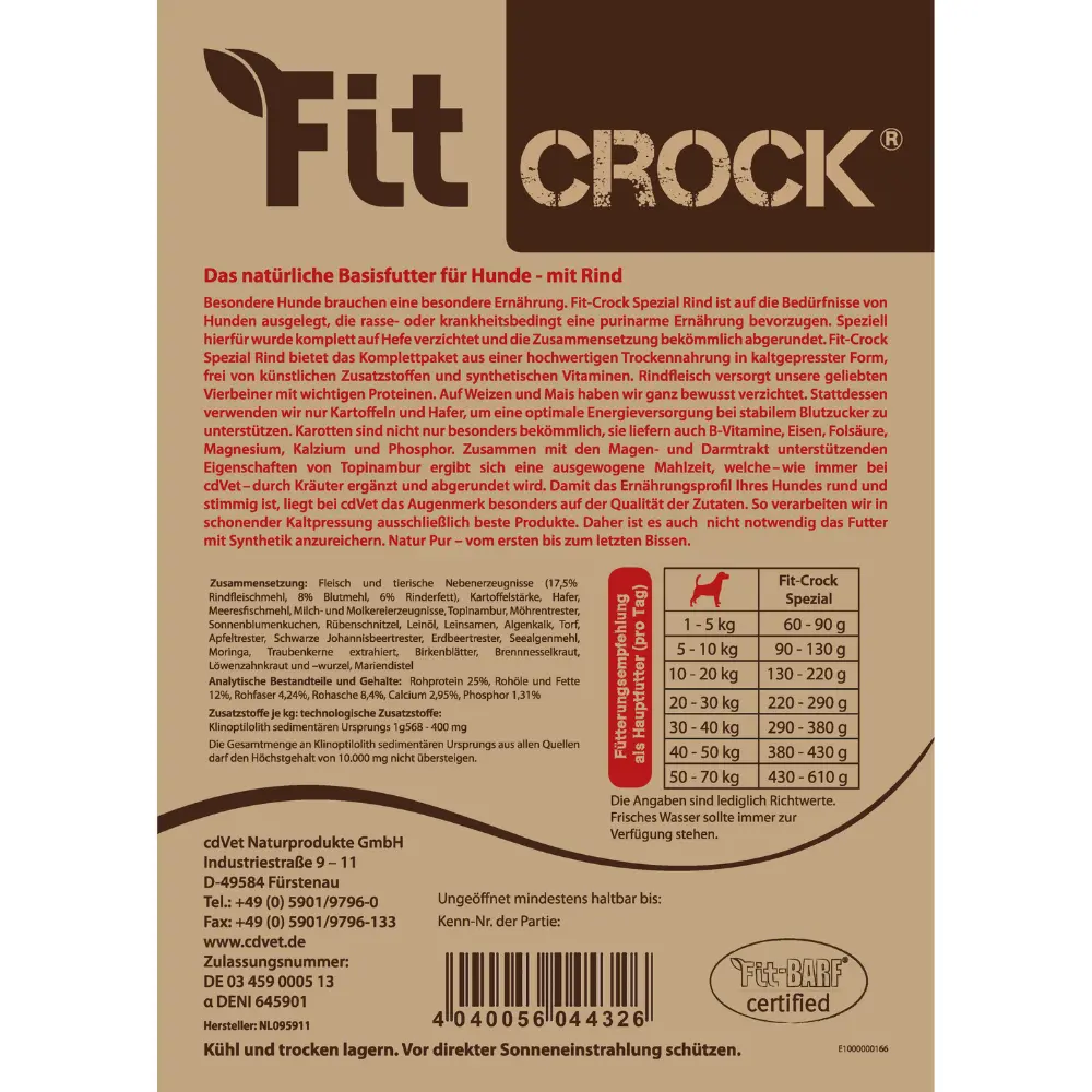 Fit-Crock Spezial Rind Hundefutter - Etikett Rückansicht
