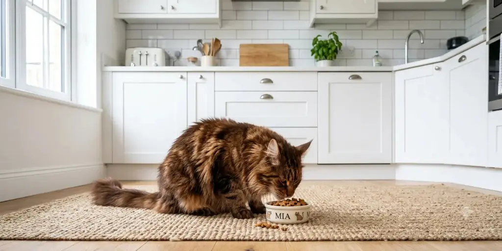 Langhaarige Katze frisst Leckerlis aus dem Napf