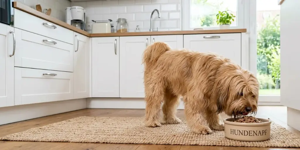 Brauner Tibet Terrier frisst Nassfutter in der Küche