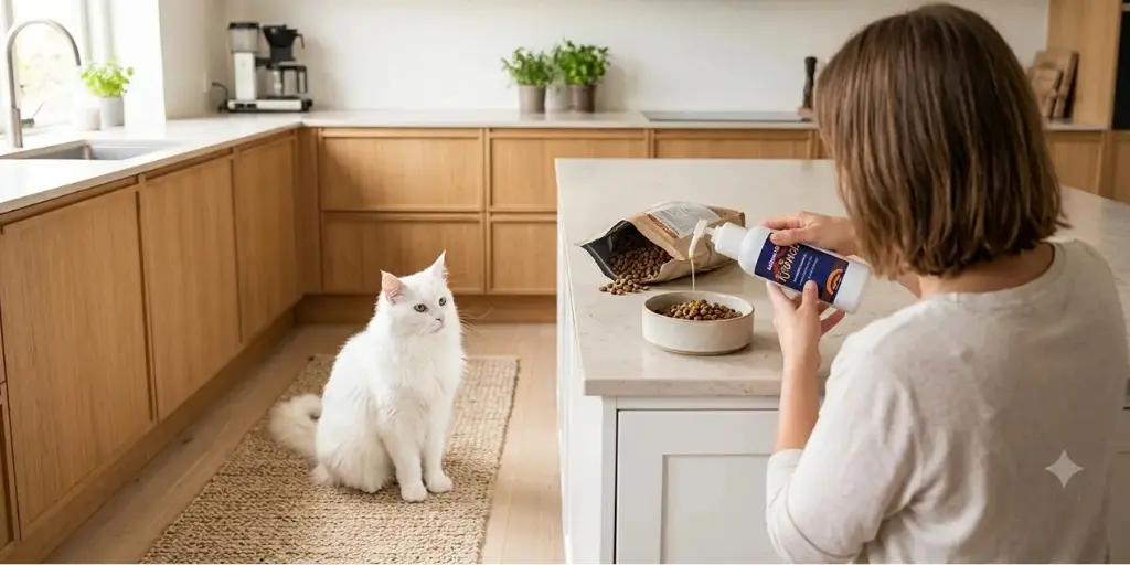 Katze sitzt in der Küche und bekommt von Frauchen ihr Futter zubereitet