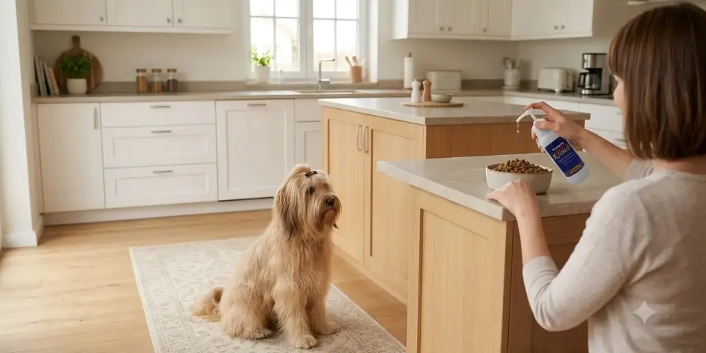 Frauchen bereitet das Futter mit Kronch Lachsöl für ihren Hund vor, während der Hund geduldig wartet