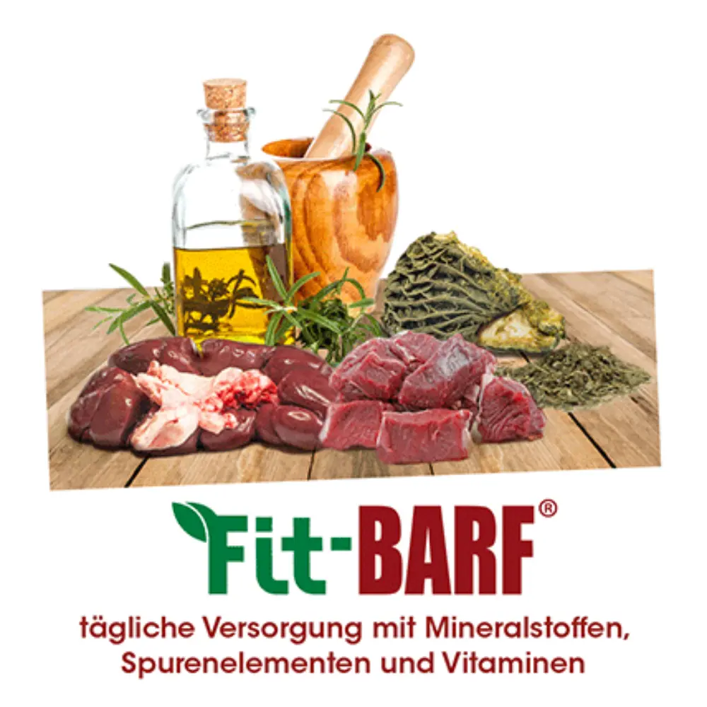 Fit-BARF Futter-Öl für Hunde und Katzen lose mit Fleisch auf dem Tisch