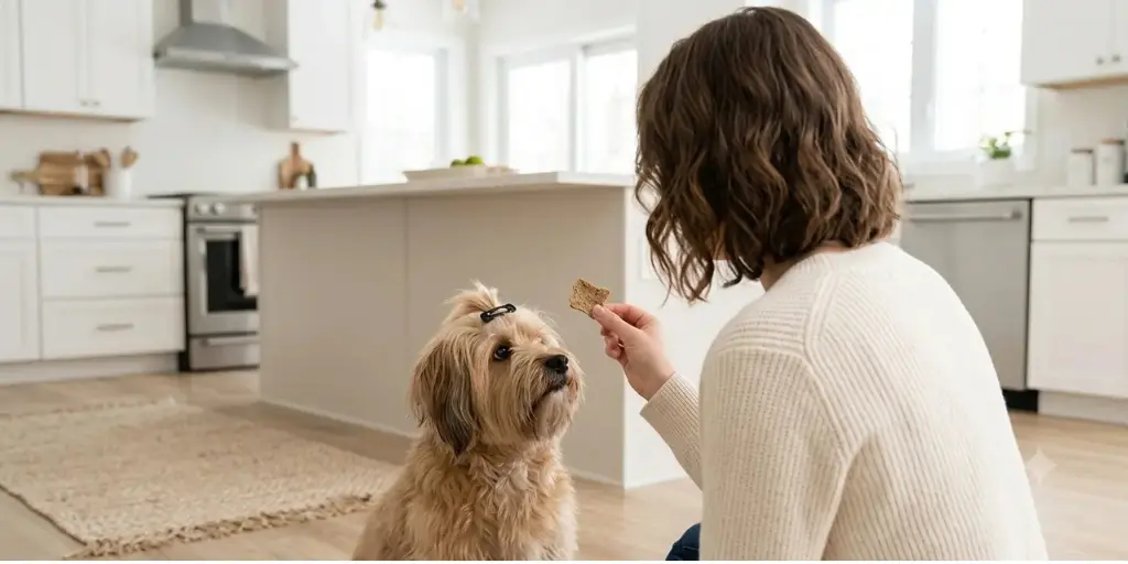 Hund bekommt vom Frauchen ein Kronch Pocket Leckerli