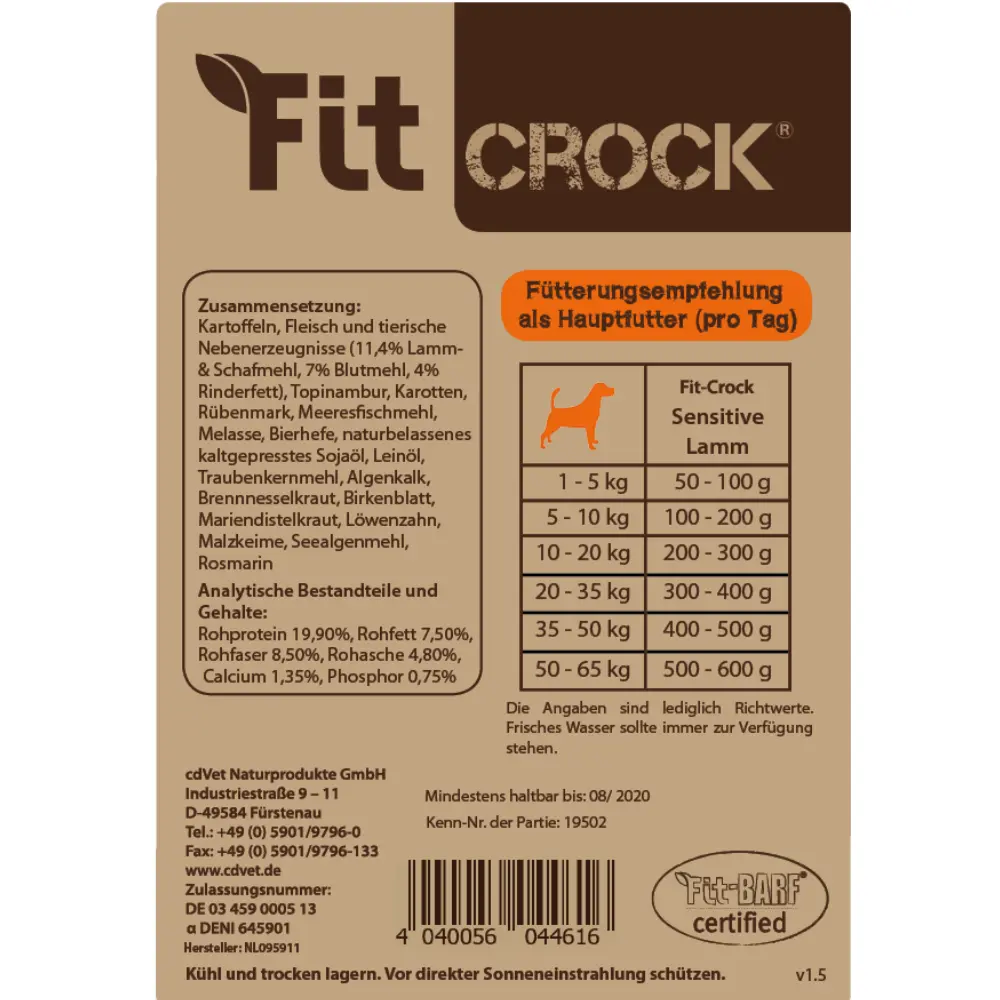 Fit-Crock Sensitive Lamm Maxi Hundefutter - Fütterungsempfehlung